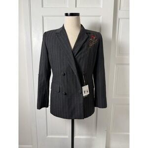 Together Blazer Womens 4 Black Pinstripe Embroidered Rose Floral Double Breasted